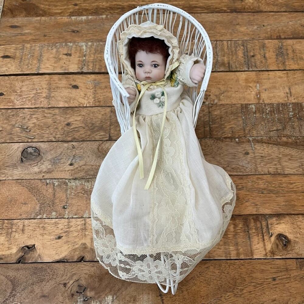 Vintage 1980s Porcelain Baby Doll Lace Gown & Matching Bonnet in Wire Chair